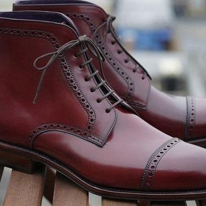 Handmade Men Burgundy Color Leather Lace Up Boots,..