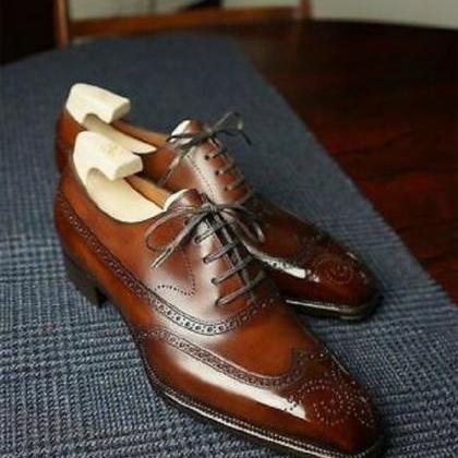 Handmade Brown Leather Shoes, Wingtip Brogue Dress..