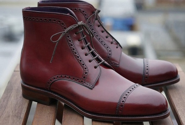 Handmade Men Burgundy Color Leather Lace Up Boots, Men Ankle High Leather Boot