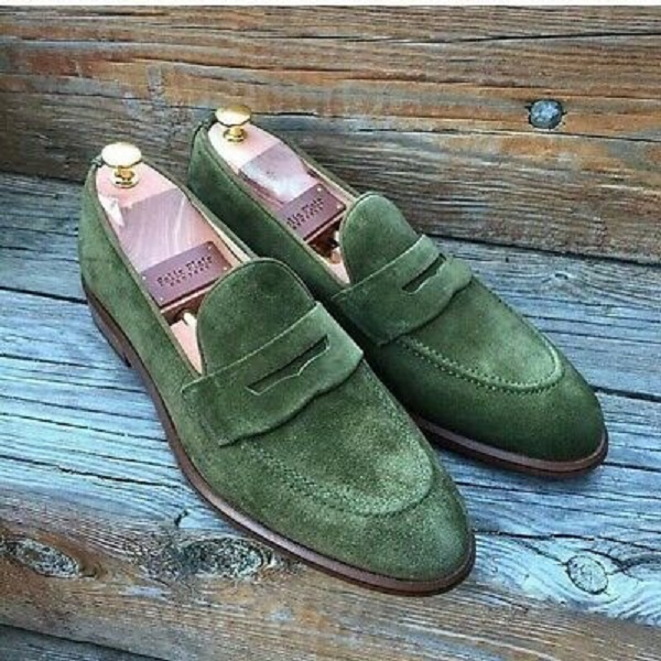 Handmade Men Slip On Suede Formal Shoes, Loafer Tussles Green Moccasins Shoes