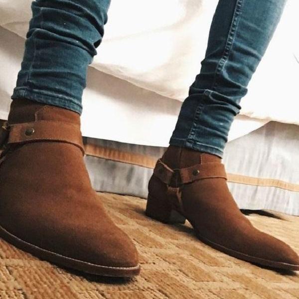 Handmade Men Genuine Leather High Ankle Brown Color Jodhpurs Buckle
