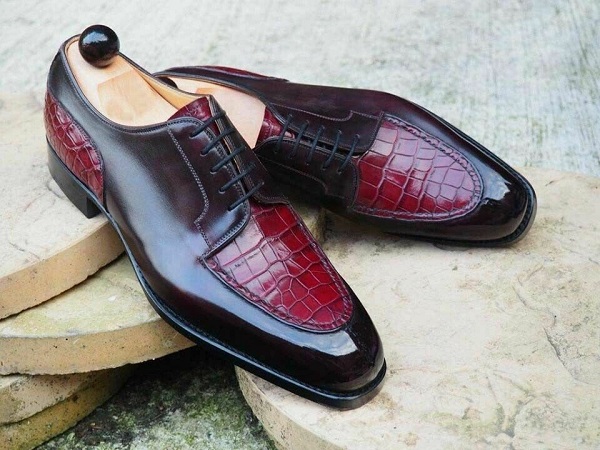 Men's Handmade Bespoke Derby Lace Up Crocodile Texture Leather Round ...