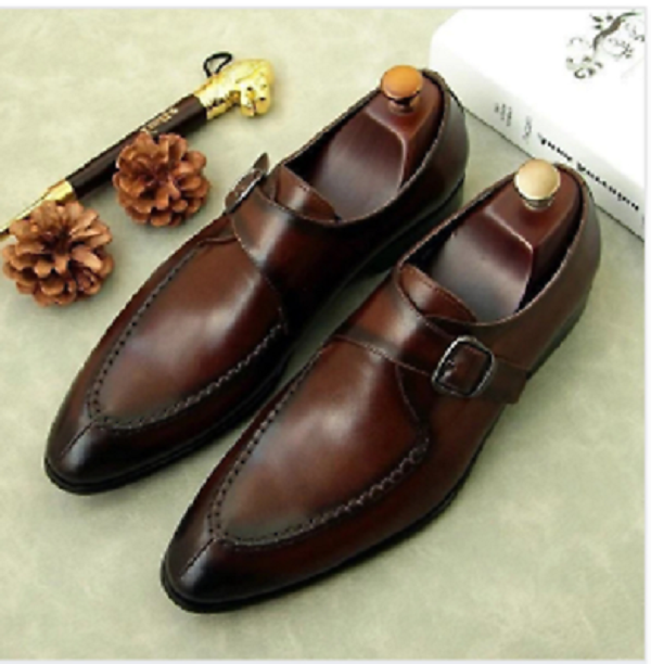 Handmade Men Brown Leather Single Monk Formal Dress Casual Wear Shoes ...