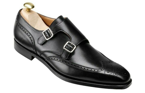 Handmade Men's Black Color Monk Double Buckle Straps Brogue Toe Wing ...