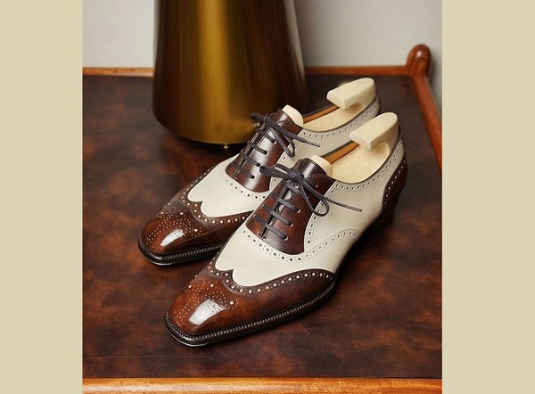 Handmade Men's Wing Tip Brogue Shoes, Men's White Brown Leather Lace Up ...